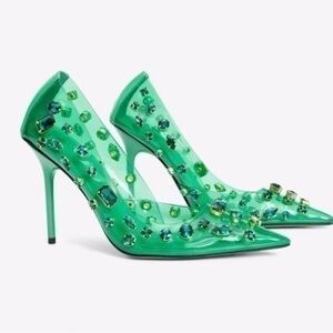Good American Emerald Green Jeweled Pointed-Toe Stiletto Pumps